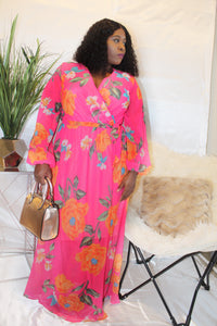 "Flirty" Pink Long Sleeve Sheer Maxi Dress