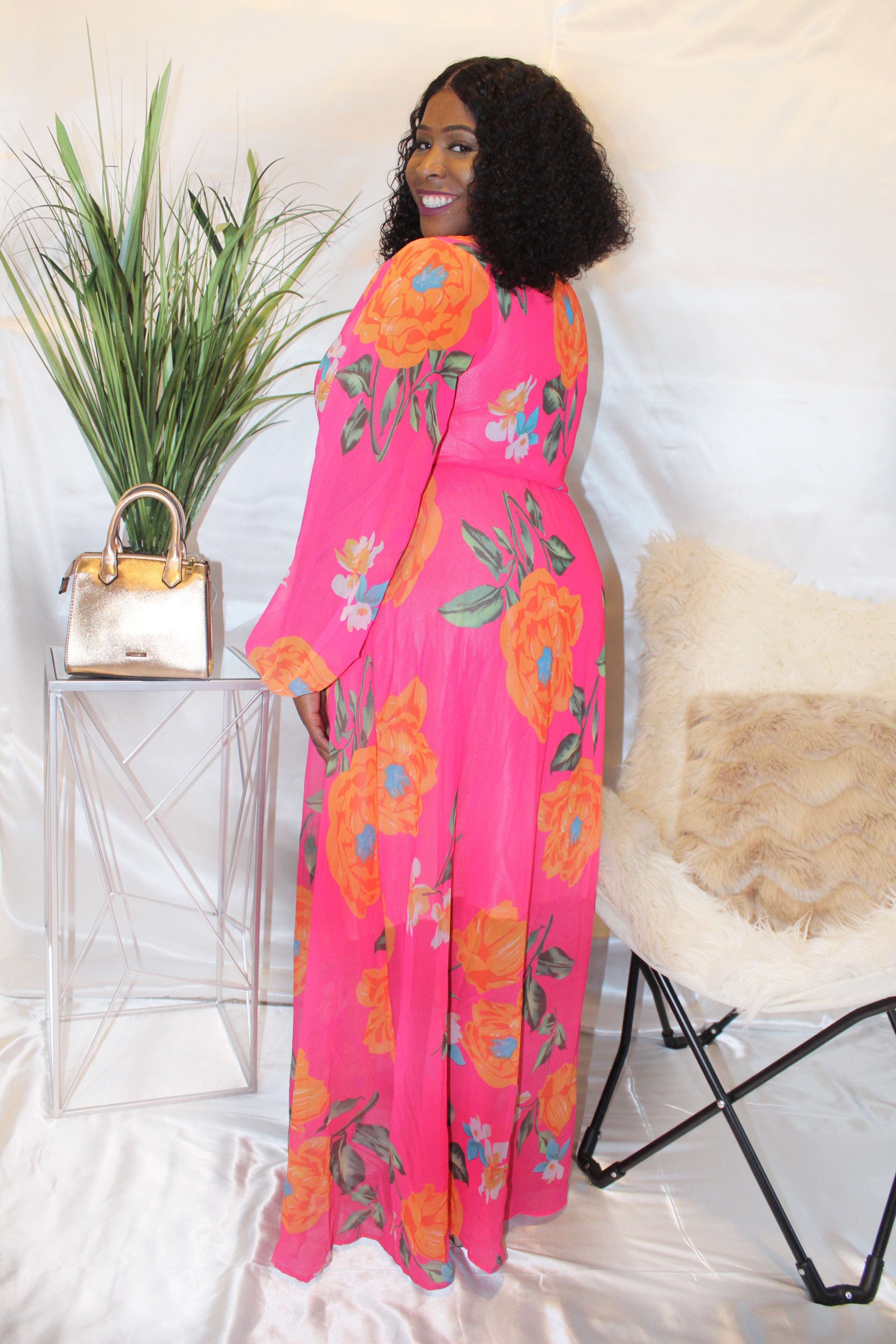 "Flirty" Pink Long Sleeve Sheer Maxi Dress